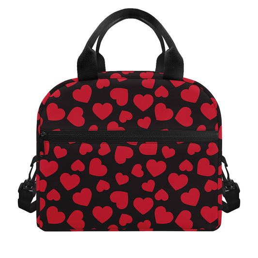 Red And Black Heart Pattern Print Insulated Lunch Bag
