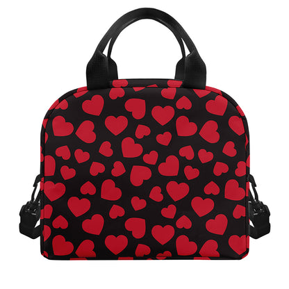 Red And Black Heart Pattern Print Insulated Lunch Bag