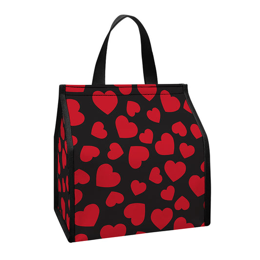 Red And Black Heart Pattern Print Insulated Lunch Tote