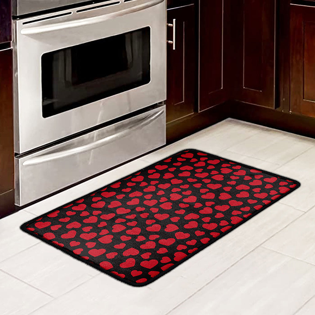 Red And Black Heart Pattern Print Kitchen Mat
