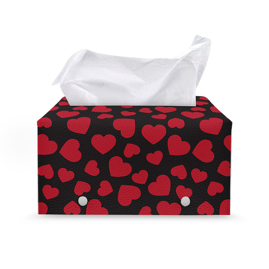 Red And Black Heart Pattern Print Leather Tissue Box Cover