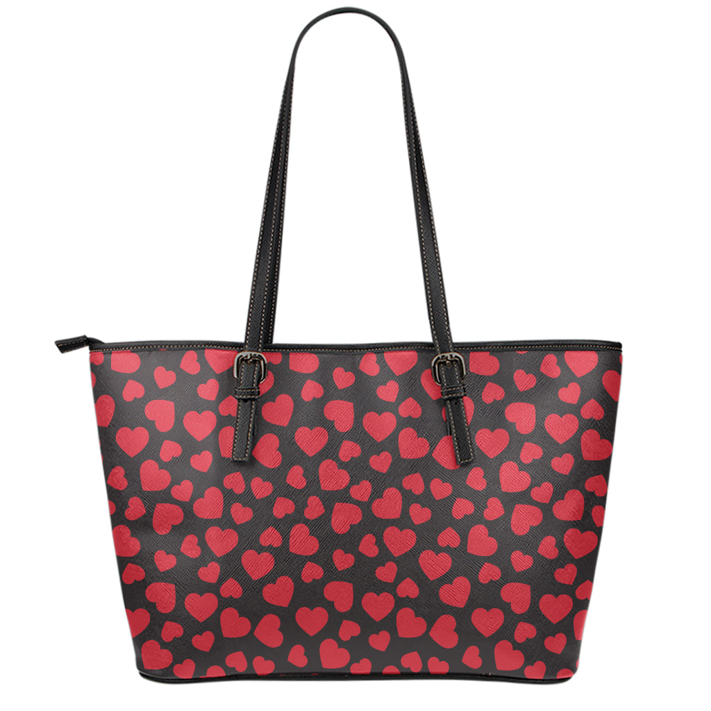 Red And Black Heart Pattern Print Leather Tote Bag