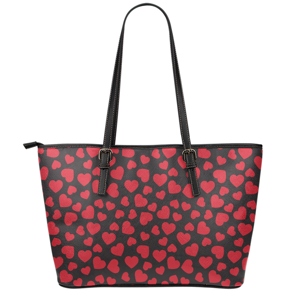 Red And Black Heart Pattern Print Leather Tote Bag