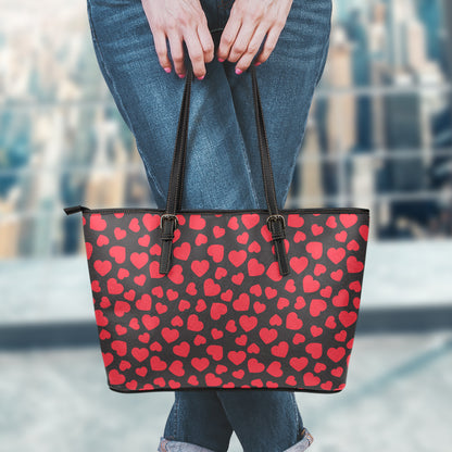 Red And Black Heart Pattern Print Leather Tote Bag