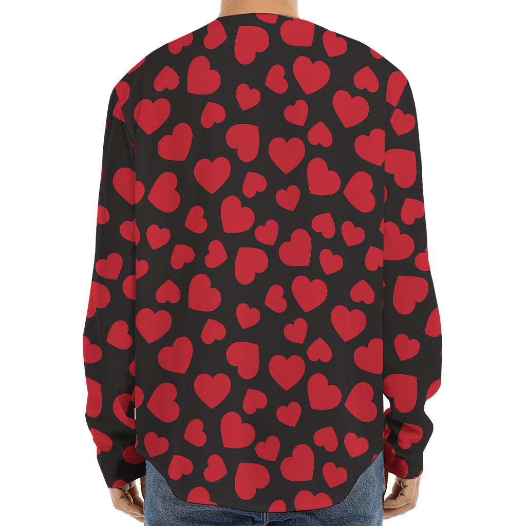 Red And Black Heart Pattern Print Long Sleeve Baseball Jersey