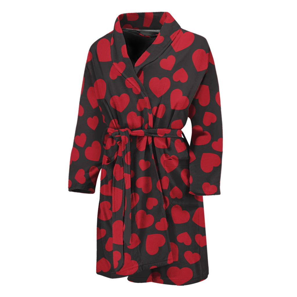 Red And Black Heart Pattern Print Men's Bathrobe