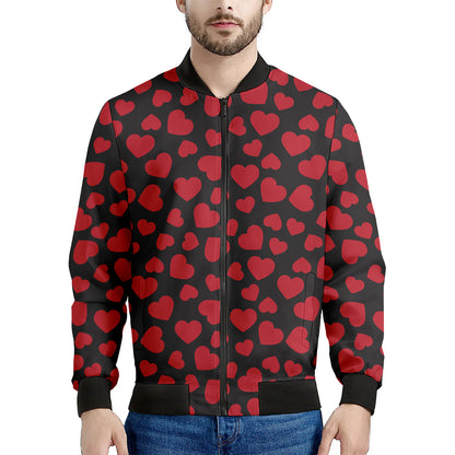 Red And Black Heart Pattern Print Men's Bomber Jacket