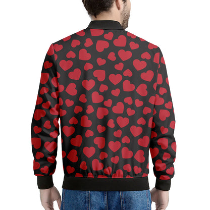 Red And Black Heart Pattern Print Men's Bomber Jacket