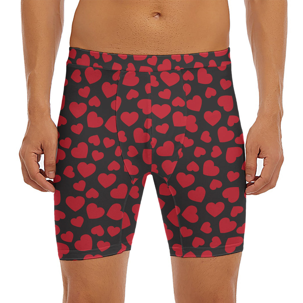 Red And Black Heart Pattern Print Men's Long Boxer Briefs