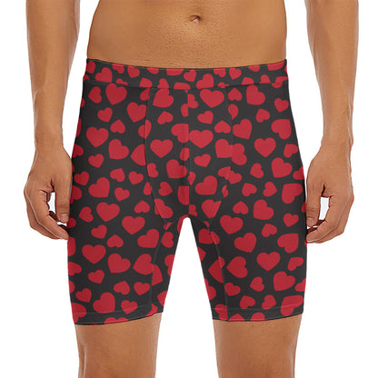 Red And Black Heart Pattern Print Men's Long Boxer Briefs