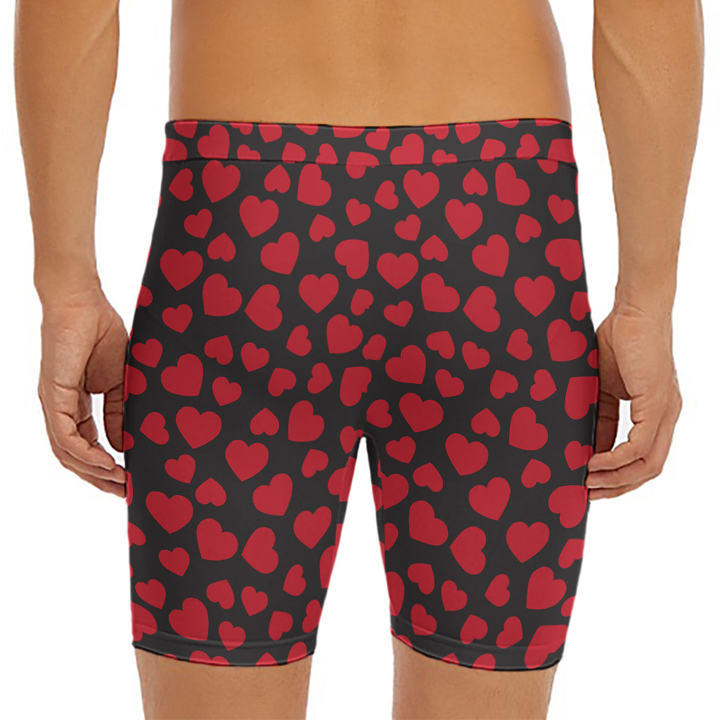 Red And Black Heart Pattern Print Men's Long Boxer Briefs