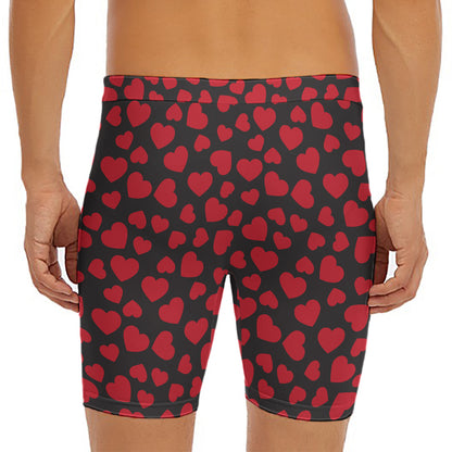 Red And Black Heart Pattern Print Men's Long Boxer Briefs