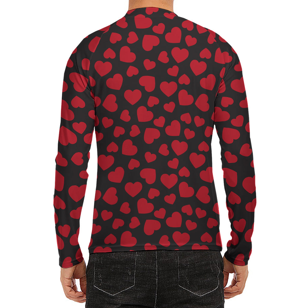Red And Black Heart Pattern Print Men's Long Sleeve Rash Guard