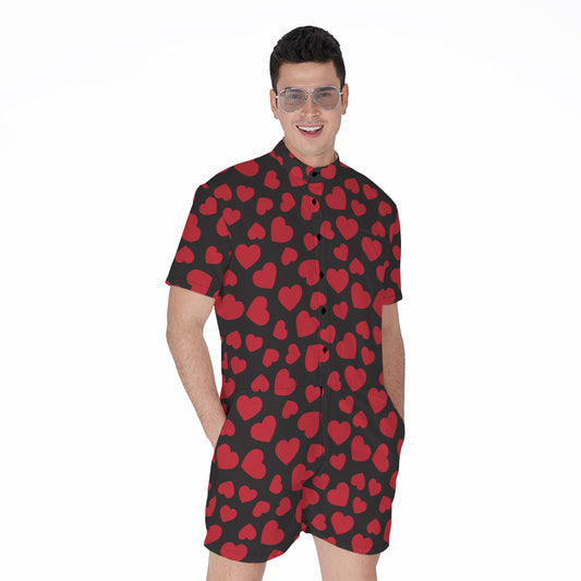 Red And Black Heart Pattern Print Men's Rompers
