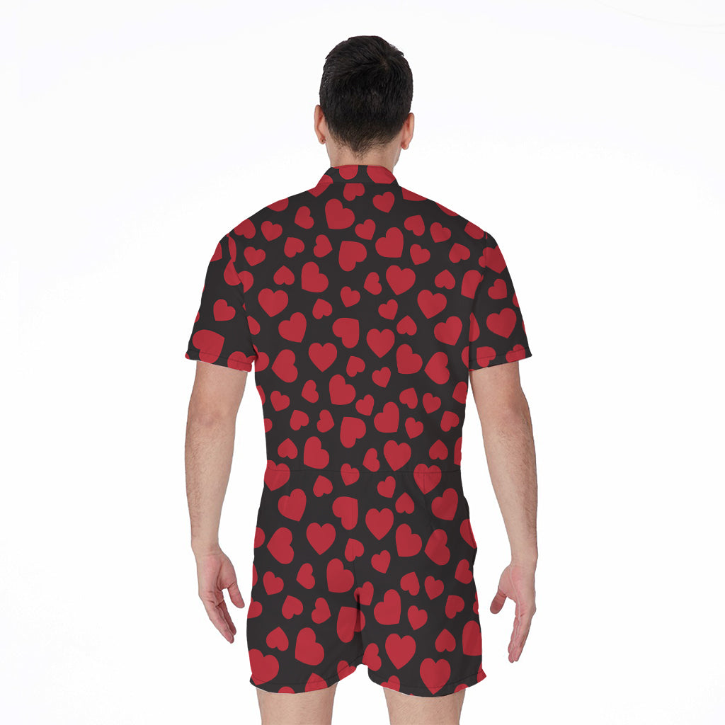Red And Black Heart Pattern Print Men's Rompers