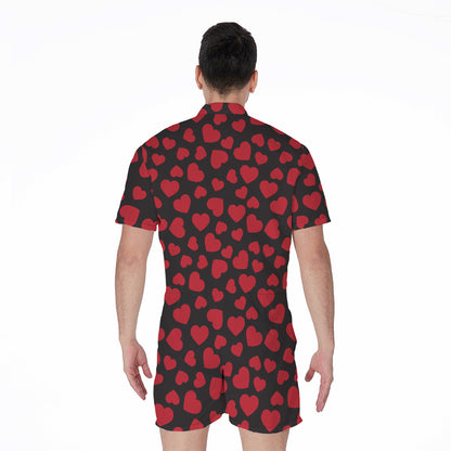 Red And Black Heart Pattern Print Men's Rompers