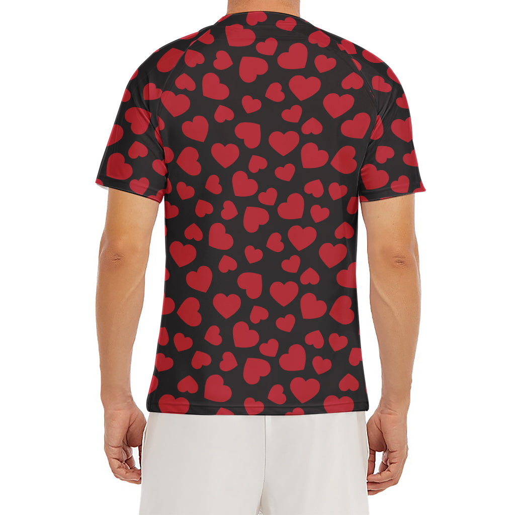 Red And Black Heart Pattern Print Men's Short Sleeve Rash Guard