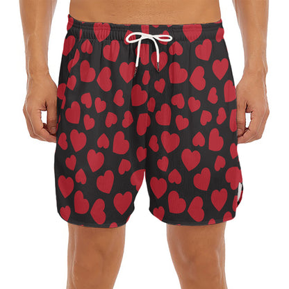 Red And Black Heart Pattern Print Men's Split Running Shorts