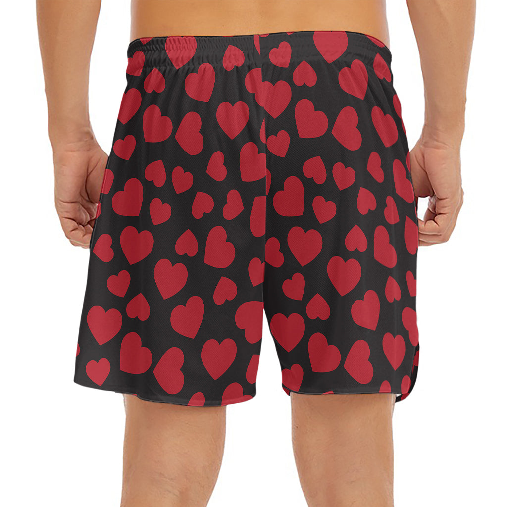 Red And Black Heart Pattern Print Men's Split Running Shorts