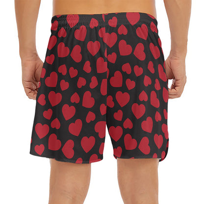 Red And Black Heart Pattern Print Men's Split Running Shorts