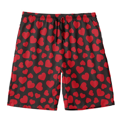 Red And Black Heart Pattern Print Men's Swim Trunks