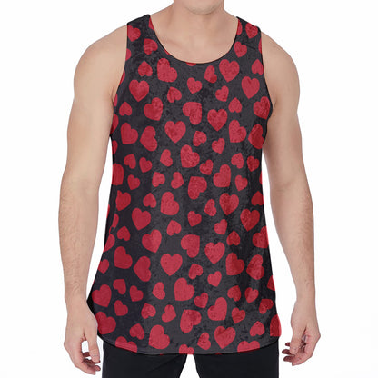Red And Black Heart Pattern Print Men's Velvet Tank Top