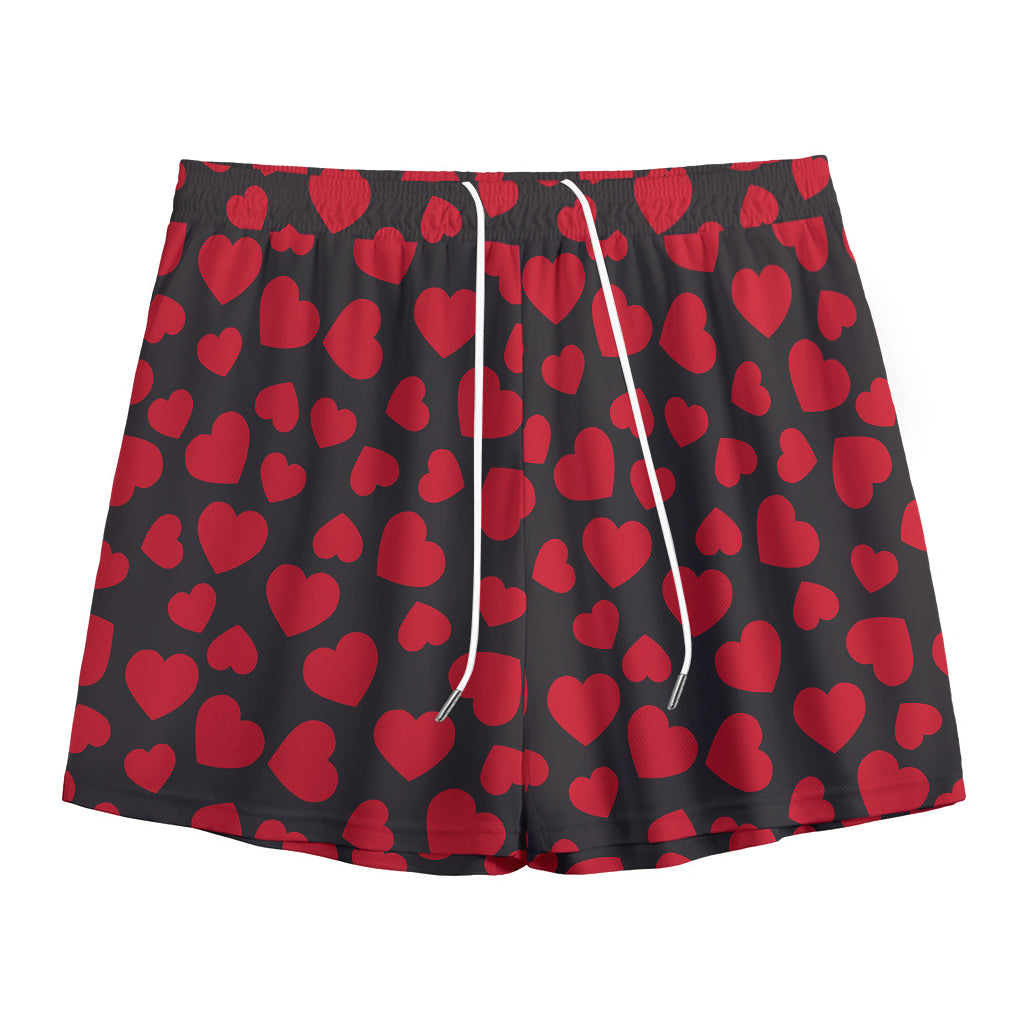 Red And Black Heart Pattern Print Mesh Shorts