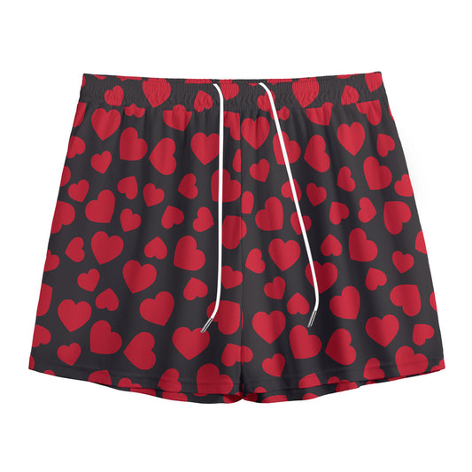 Red And Black Heart Pattern Print Mesh Shorts