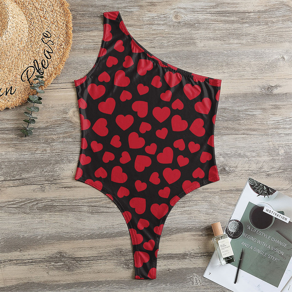 Red And Black Heart Pattern Print One Shoulder Bodysuit