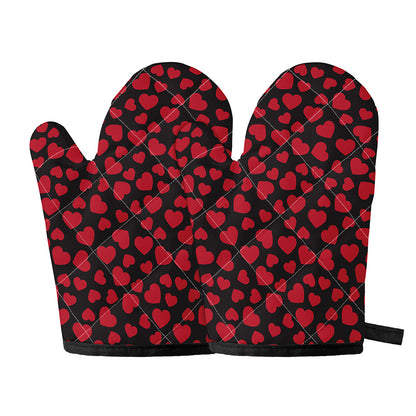 Red And Black Heart Pattern Print Oven Mitts