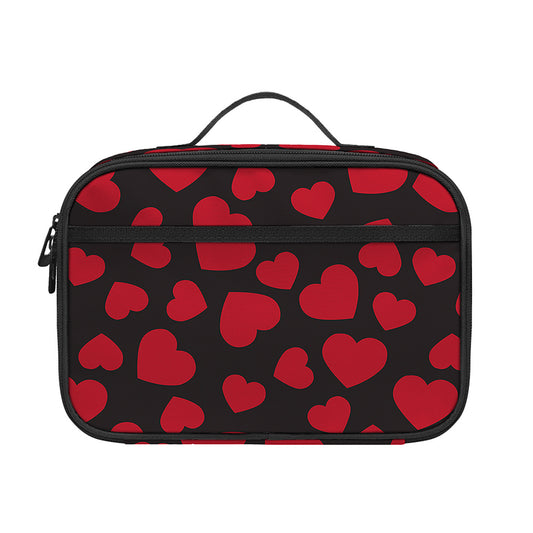Red And Black Heart Pattern Print Portable Lunch Bag