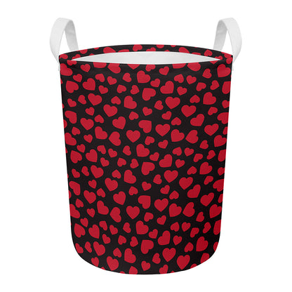 Red And Black Heart Pattern Print Round Laundry Basket