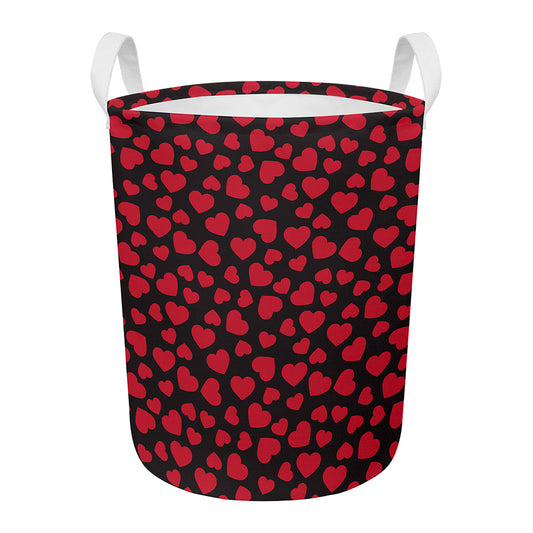 Red And Black Heart Pattern Print Round Laundry Basket