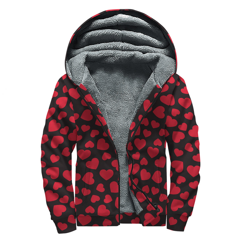 Red And Black Heart Pattern Print Sherpa Lined Zip Up Hoodie