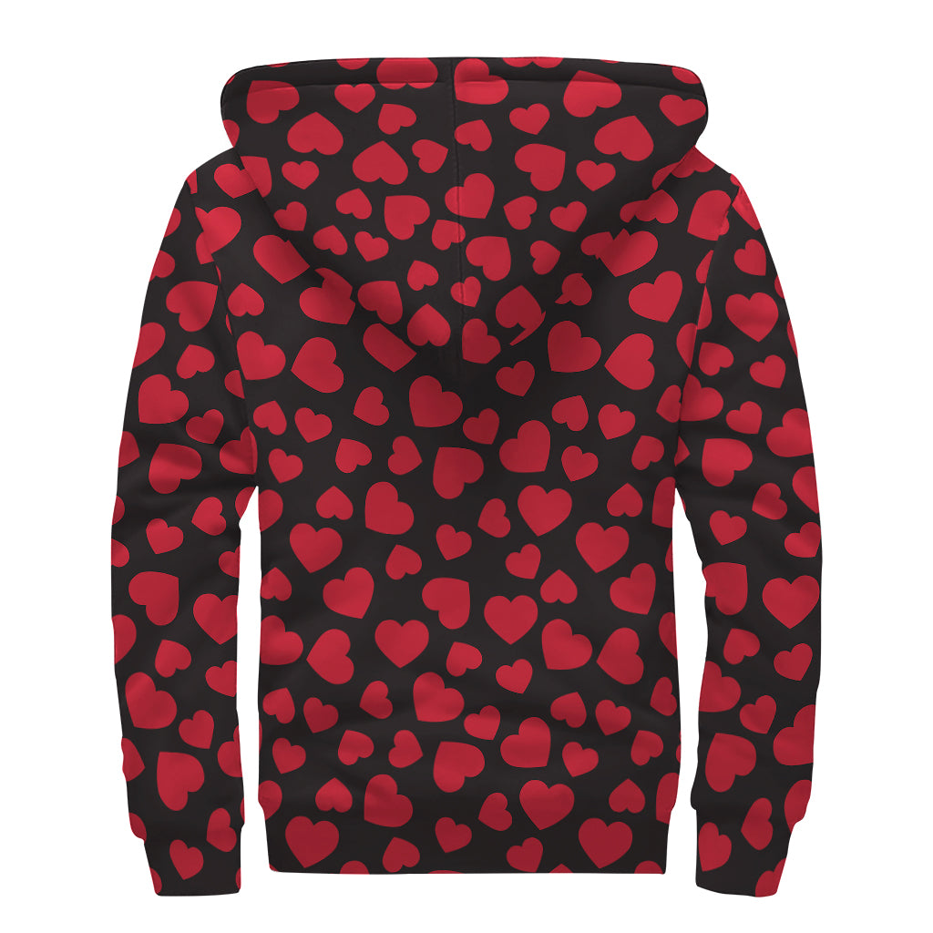 Red And Black Heart Pattern Print Sherpa Lined Zip Up Hoodie