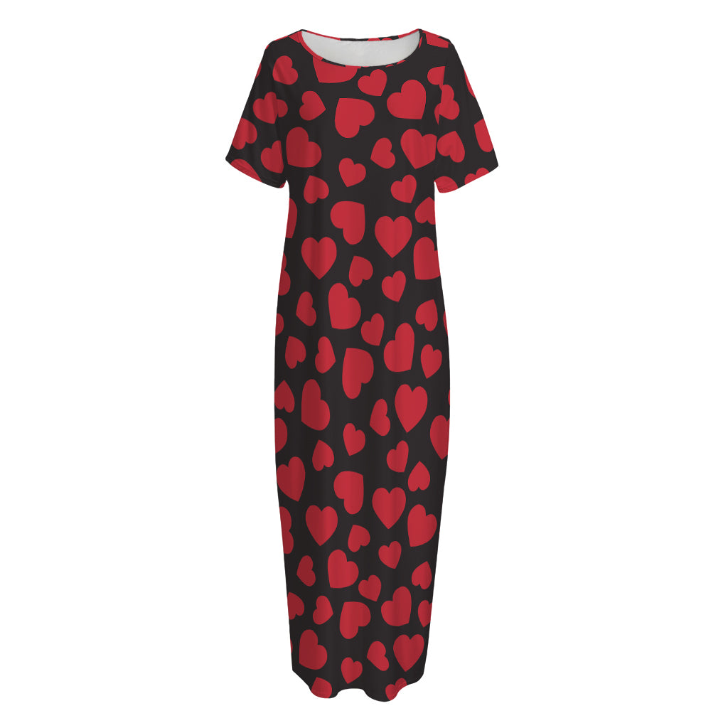 Red And Black Heart Pattern Print Short Sleeve Long Nightdress