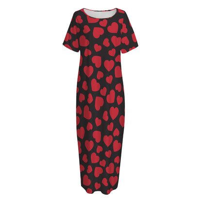 Red And Black Heart Pattern Print Short Sleeve Long Nightdress