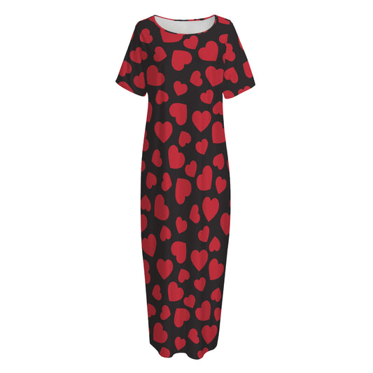 Red And Black Heart Pattern Print Short Sleeve Long Nightdress