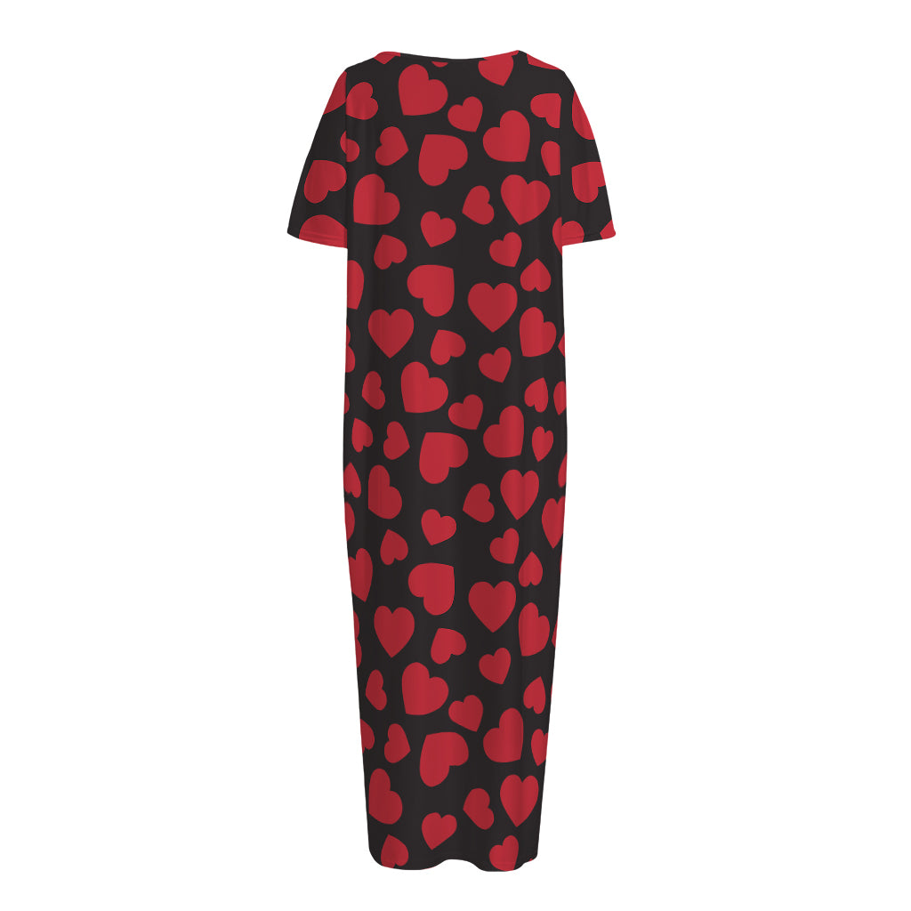 Red And Black Heart Pattern Print Short Sleeve Long Nightdress