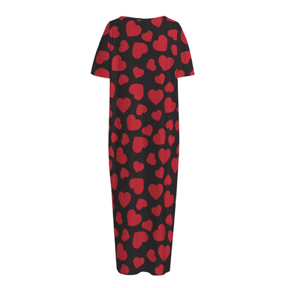 Red And Black Heart Pattern Print Short Sleeve Long Nightdress