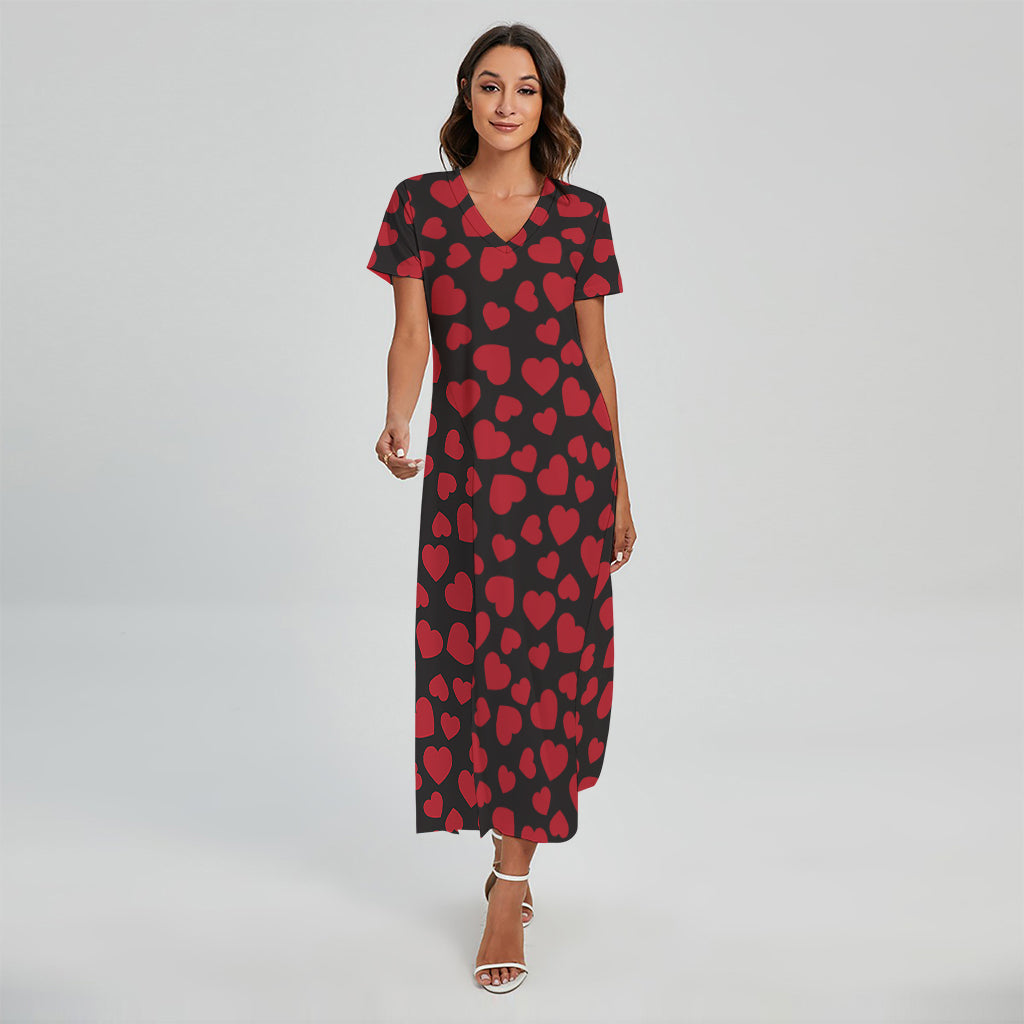 Red And Black Heart Pattern Print Short Sleeve Maxi Dress
