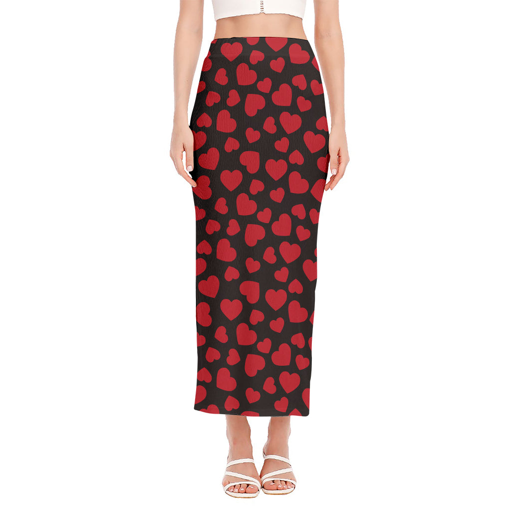 Red And Black Heart Pattern Print Side Slit Maxi Skirt