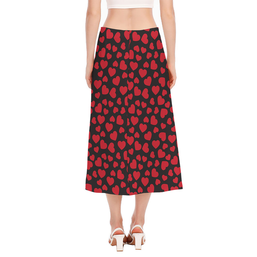 Red And Black Heart Pattern Print Side Slit Midi Skirt