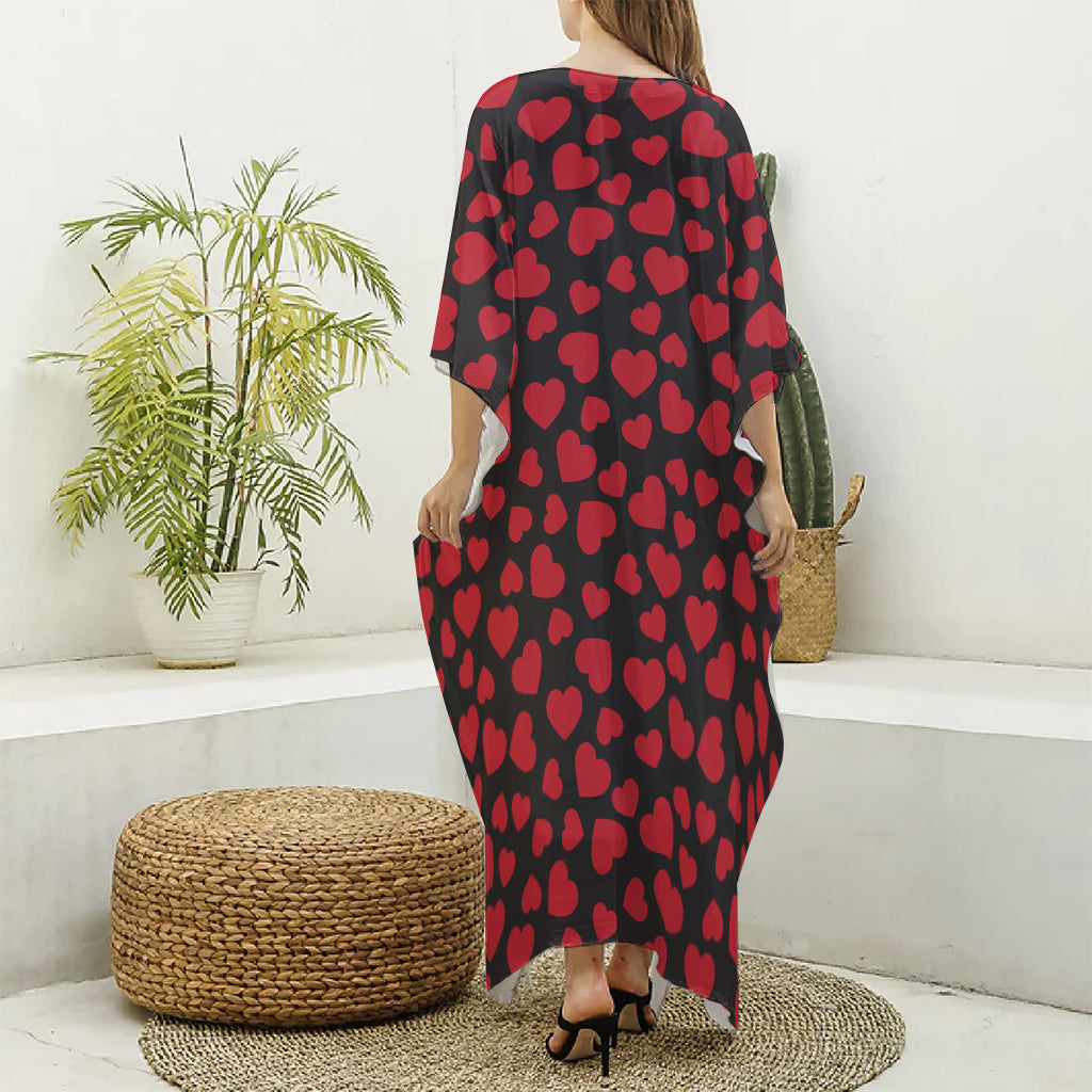 Red And Black Heart Pattern Print Silk V-Neck Kaftan Dress