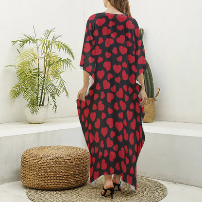 Red And Black Heart Pattern Print Silk V-Neck Kaftan Dress