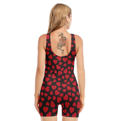 Red And Black Heart Pattern Print Sleeveless One Piece Swimsuit