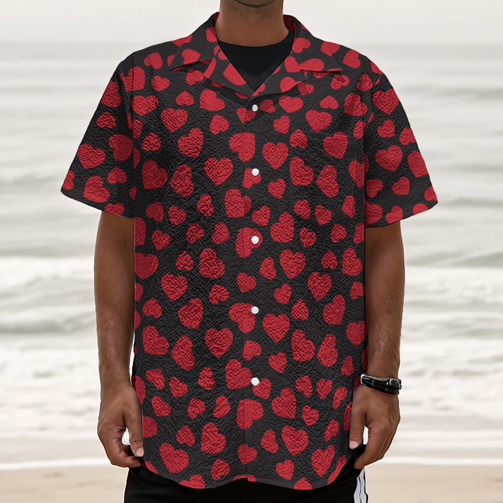 Red And Black Heart Pattern Print Textured Short Sleeve Shirt
