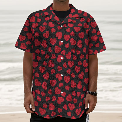 Red And Black Heart Pattern Print Textured Short Sleeve Shirt