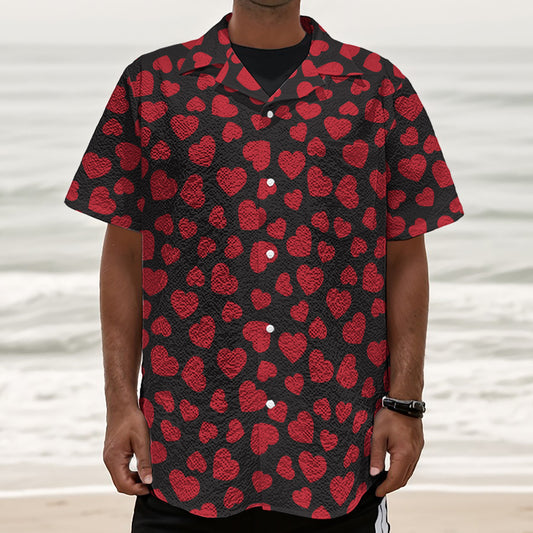Red And Black Heart Pattern Print Textured Short Sleeve Shirt