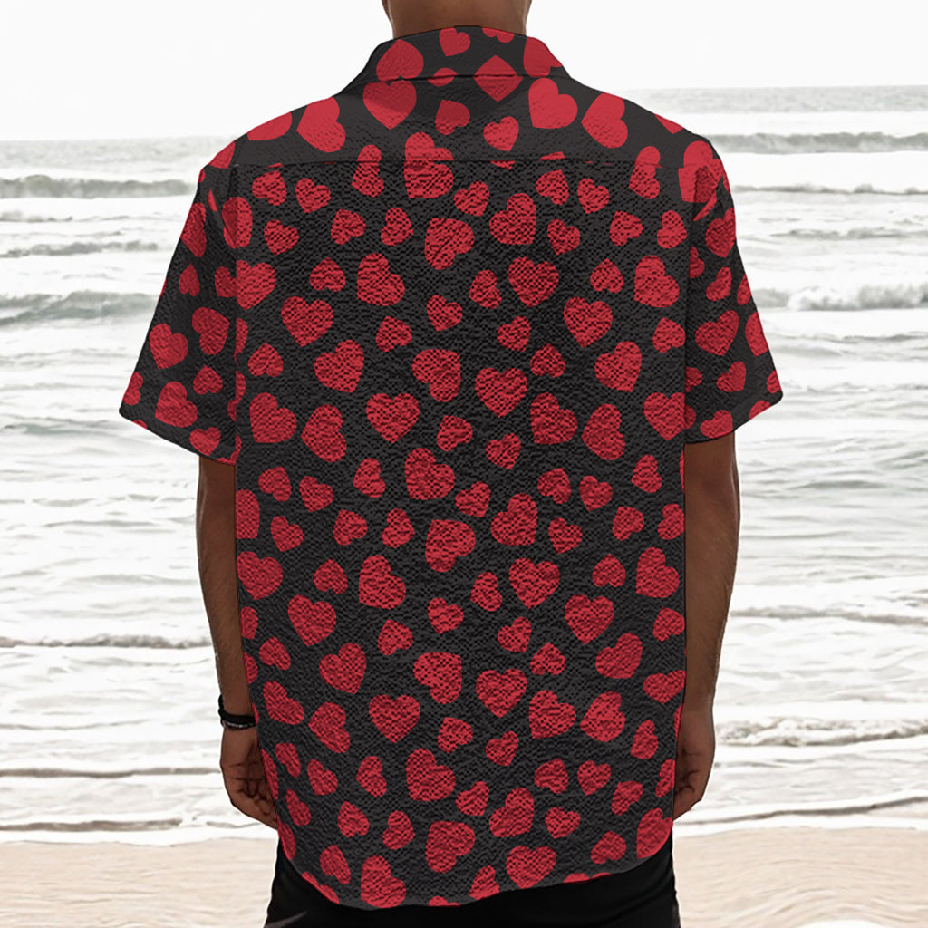 Red And Black Heart Pattern Print Textured Short Sleeve Shirt